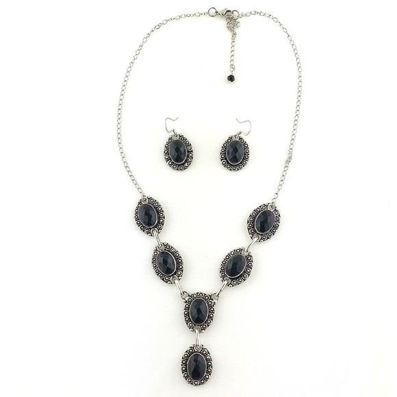 Faceted Black Glass .925 Layered Stainless Steel Necklace Earring Set - Picture 2 of 5